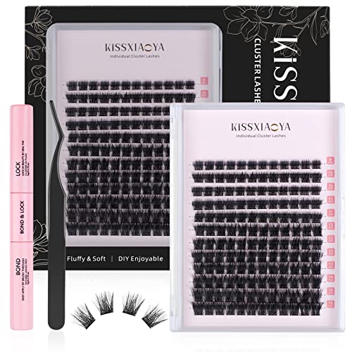 KISSXIAOYA Cluster Eyelash Extensions Kit, DIY Lashes Extension Kit with Lash Bond & Seal and Applicator, 144 Pcs 0.10mm 56D 9-15mm Mixed Wide-stem Lash, Individual at Home (Cluster Kit)