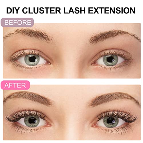 KISSXIAOYA Cluster Eyelash Extensions Kit, DIY Lashes Extension Kit with Lash Bond & Seal and Applicator, 144 Pcs 0.10mm 56D 9-15mm Mixed Wide-stem Lash, Individual at Home (Cluster Kit)