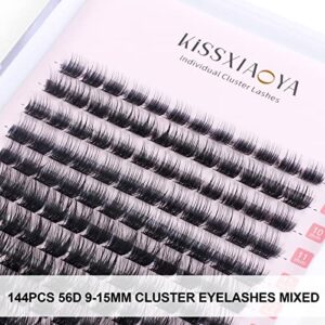 KISSXIAOYA Cluster Eyelash Extensions Kit, DIY Lashes Extension Kit with Lash Bond & Seal and Applicator, 144 Pcs 0.10mm 56D 9-15mm Mixed Wide-stem Lash, Individual at Home (Cluster Kit)