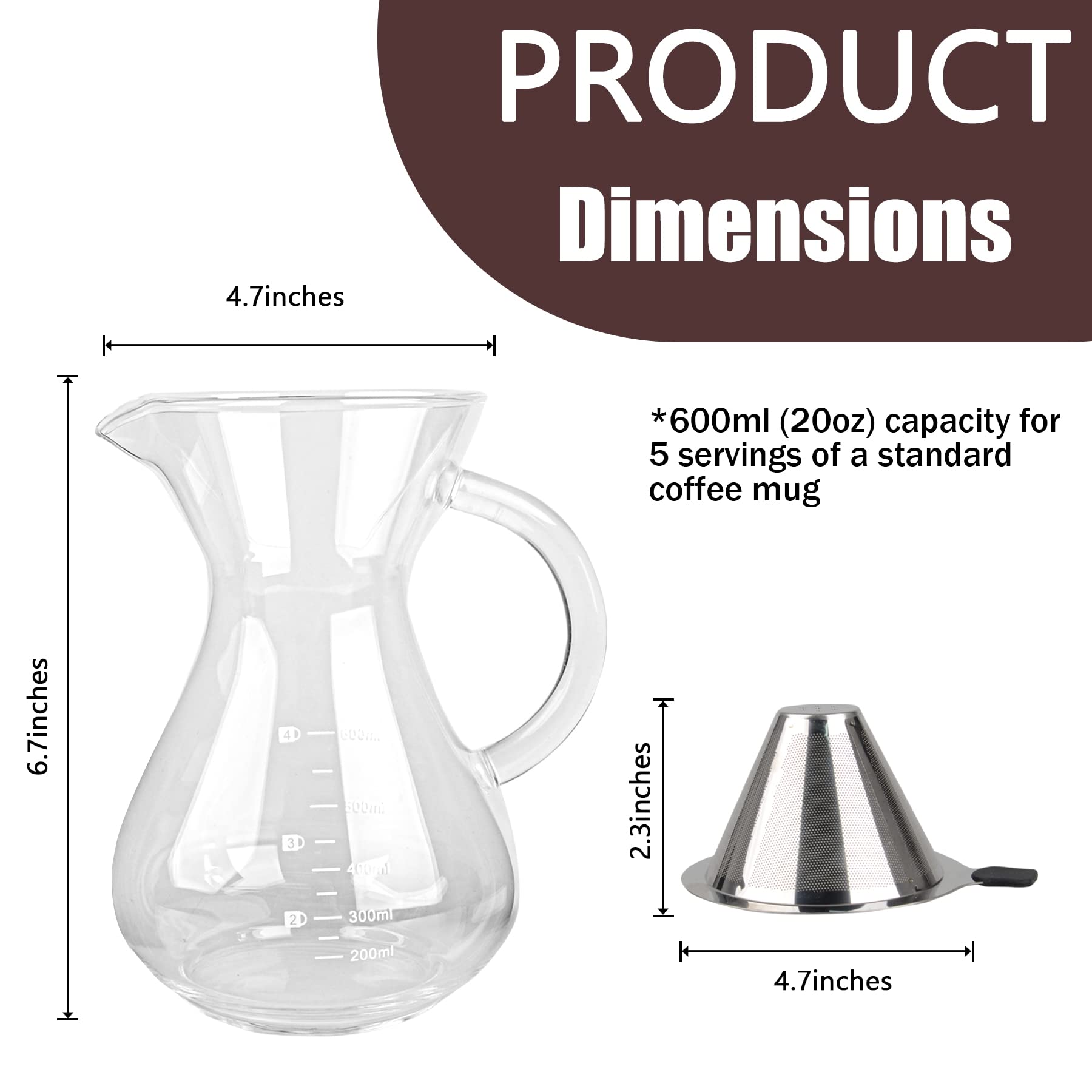 T-mark Pour Over Coffee Maker with Reusable Double-layer Stainless Steel Filter, 600ml/20oz BPA-Free Glass Coffee Carafe, Glass Coffee Maker, Coffee Dripper Brewer