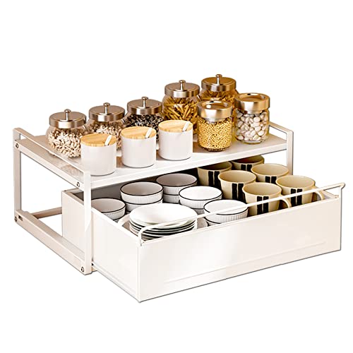 Stackable Sliding Utensils Basket Organization and Storage, Pull-able Under Cabinet Storage, Large Under Sink Organizer Drawer with Shelves for Dishes, Bowls, Seasoning Canisters and Cups(23.5''L)