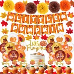 152pcs little pumpkin baby shower decorations for boy with little pumpkin banner pumpkin cake toppers paper pompom latex balloons fall leaves for fall theme baby shower party supplies