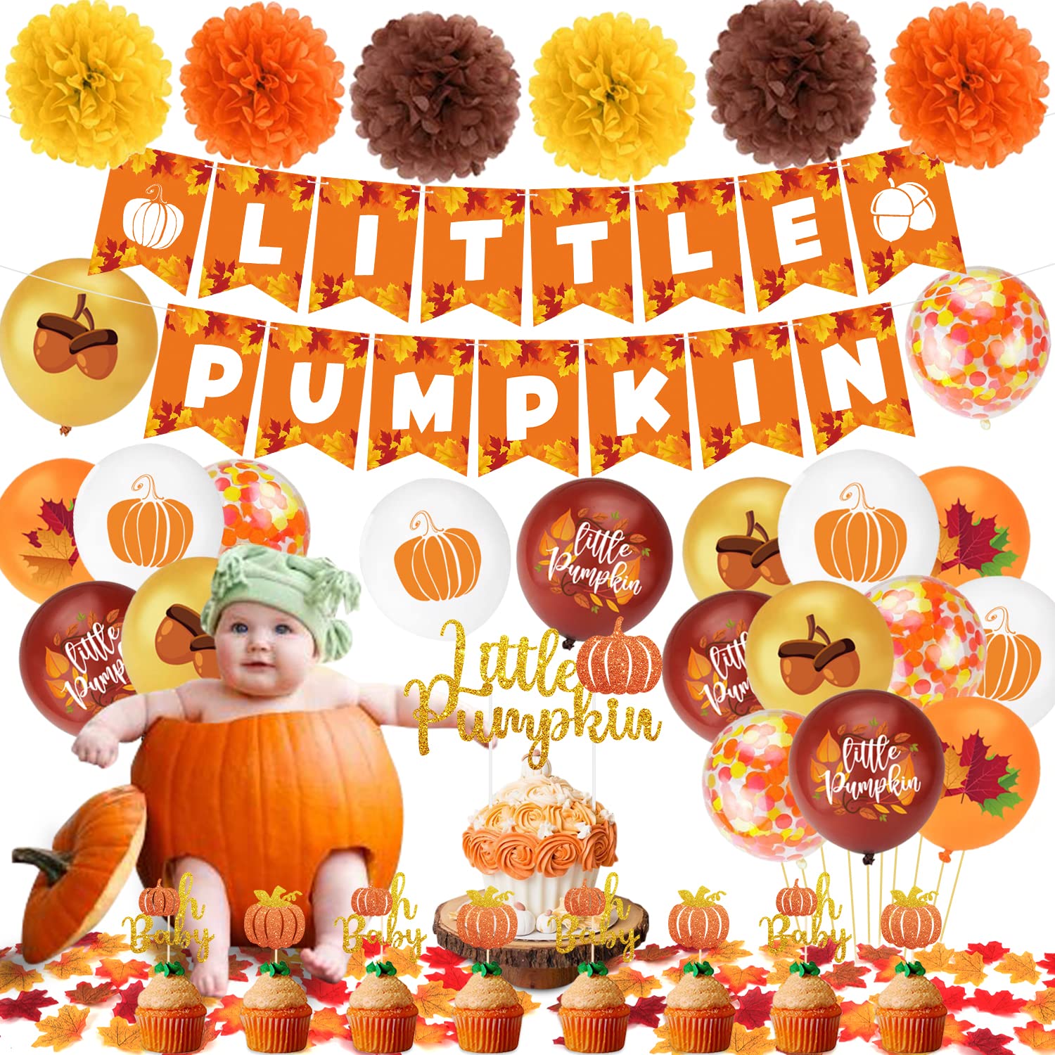 152pcs Little Pumpkin Baby Shower Decorations for Boy with Little Pumpkin Banner Pumpkin Cake Toppers Paper Pompom Latex Balloons Fall Leaves for Fall Theme Baby Shower Party Supplies