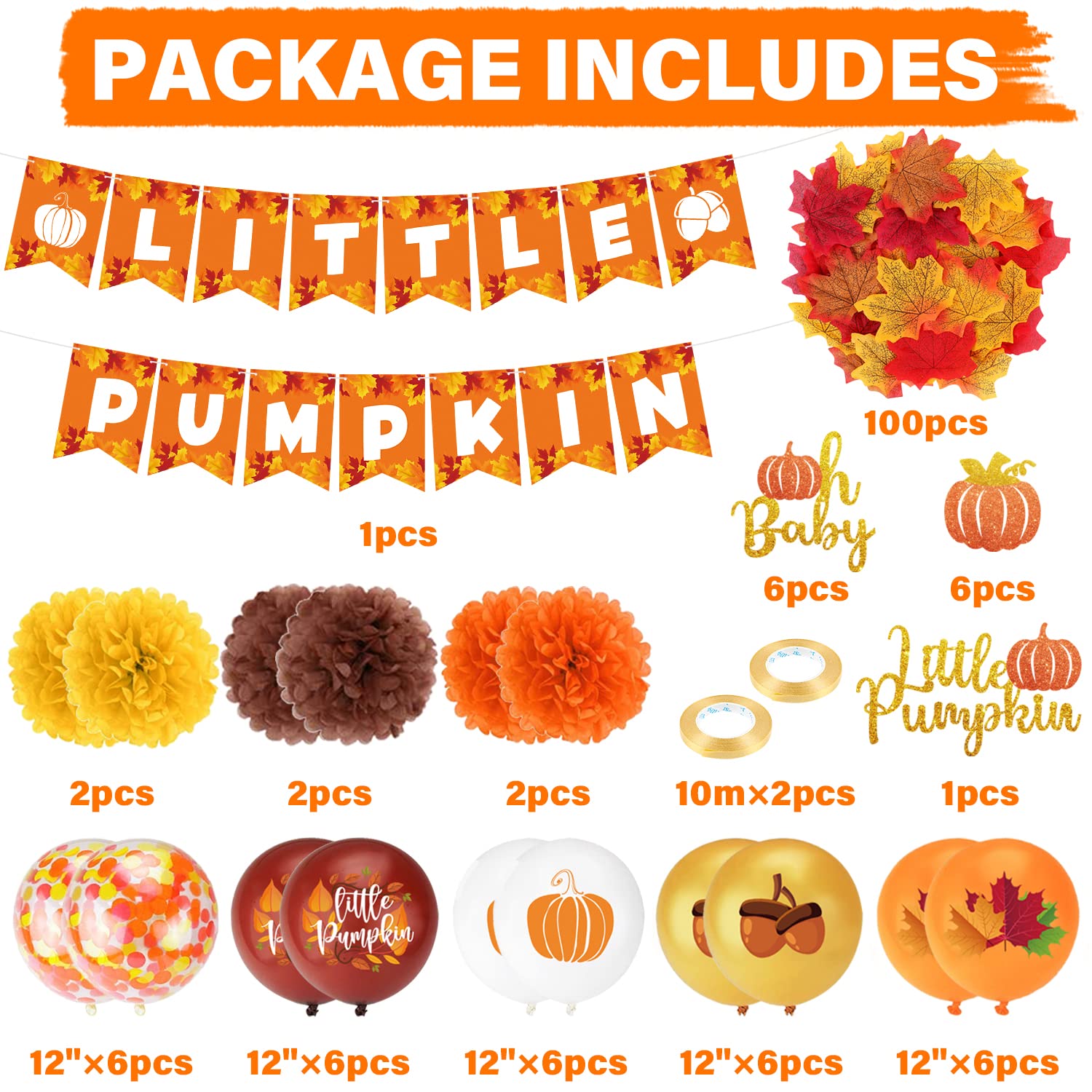 152pcs Little Pumpkin Baby Shower Decorations for Boy with Little Pumpkin Banner Pumpkin Cake Toppers Paper Pompom Latex Balloons Fall Leaves for Fall Theme Baby Shower Party Supplies