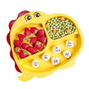 therdo toddler plate and utensil set, divided baby plate, self feeding training for baby, bamboo kids food plate bpa free, microwave dishwasher safe, cute dinosaur shaped cartoon feeding plate(yellow)