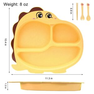 THERDO Toddler Plate and Utensil Set, Divided Baby Plate, Self Feeding Training for Baby, Bamboo Kids Food Plate BPA Free, Microwave Dishwasher Safe, Cute Dinosaur Shaped Cartoon Feeding Plate(Yellow)