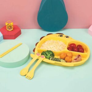 THERDO Toddler Plate and Utensil Set, Divided Baby Plate, Self Feeding Training for Baby, Bamboo Kids Food Plate BPA Free, Microwave Dishwasher Safe, Cute Dinosaur Shaped Cartoon Feeding Plate(Yellow)