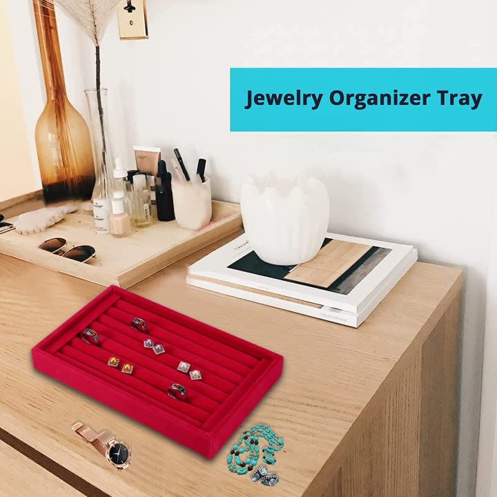 Yuecoom Ring Display Tray, 7 Slots Ring Earrings Showcase Holder, Ring Insert Display Trays, Jewelry Organizer Counter Tray for Rings Earrings Storage, Selling (red)