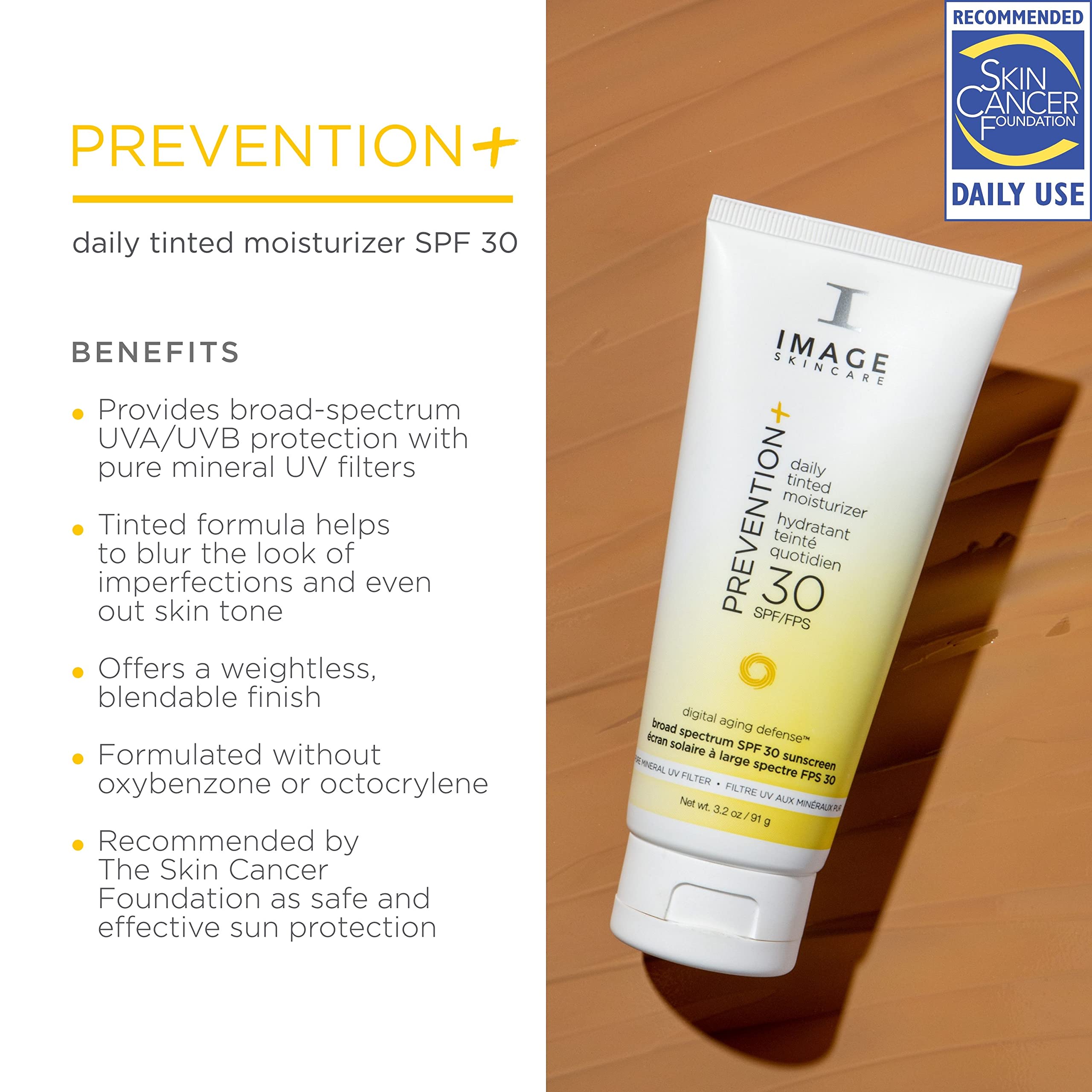 IMAGE Skincare PREVENTION+ Daily Tinted Moisturizer SPF 30 Sunscreen, No White Cast, 3.2oz