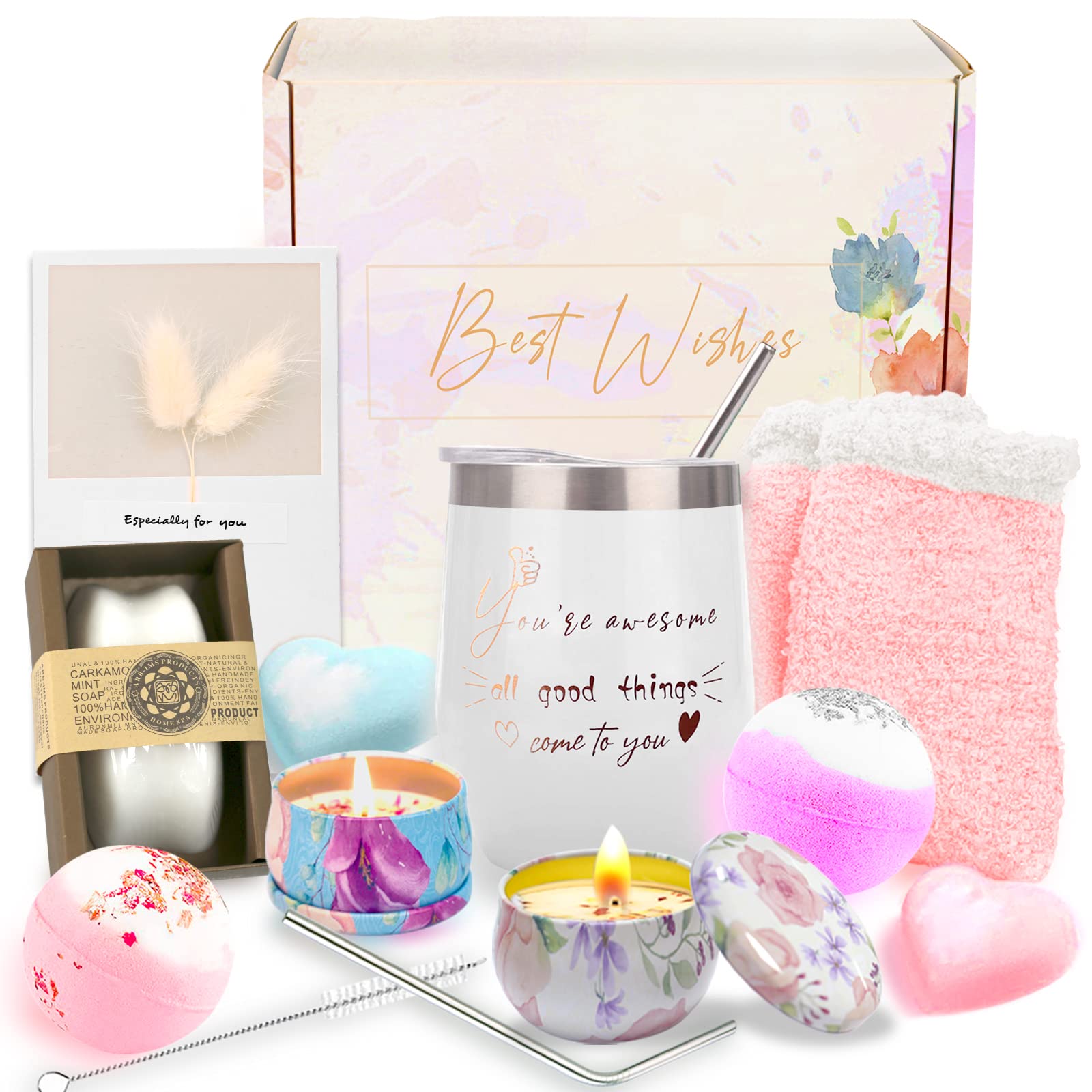 Mothers Day Gifts for Mom, Unique Birthday Gifts for Women, Insulated Wine Tumbler Gift Set, Relaxing Spa Bath Gift Box Basket for Mom Grandma Wife Sister Girlfriend Best Friend Coworker