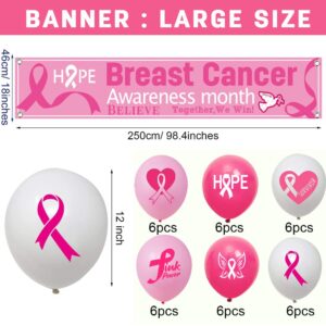 37 Pcs Breast Cancer Awareness Party Decorations Backdrop Banner Balloons Pink Ribbon Outdoor Yard Sign Hanging Banner for Breast Cancer Awareness Scene Banner Breast Cancer Charity Party Supplies