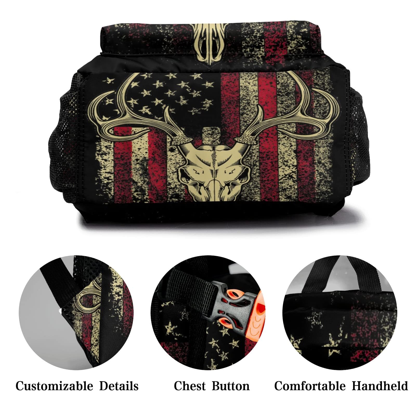 zaaprintblanket Custom with Name Text American Flag Camo Majestic Deer Antlers Nylon Backpacks Large Capacity Teens Shoulder Bags with Chest Strap