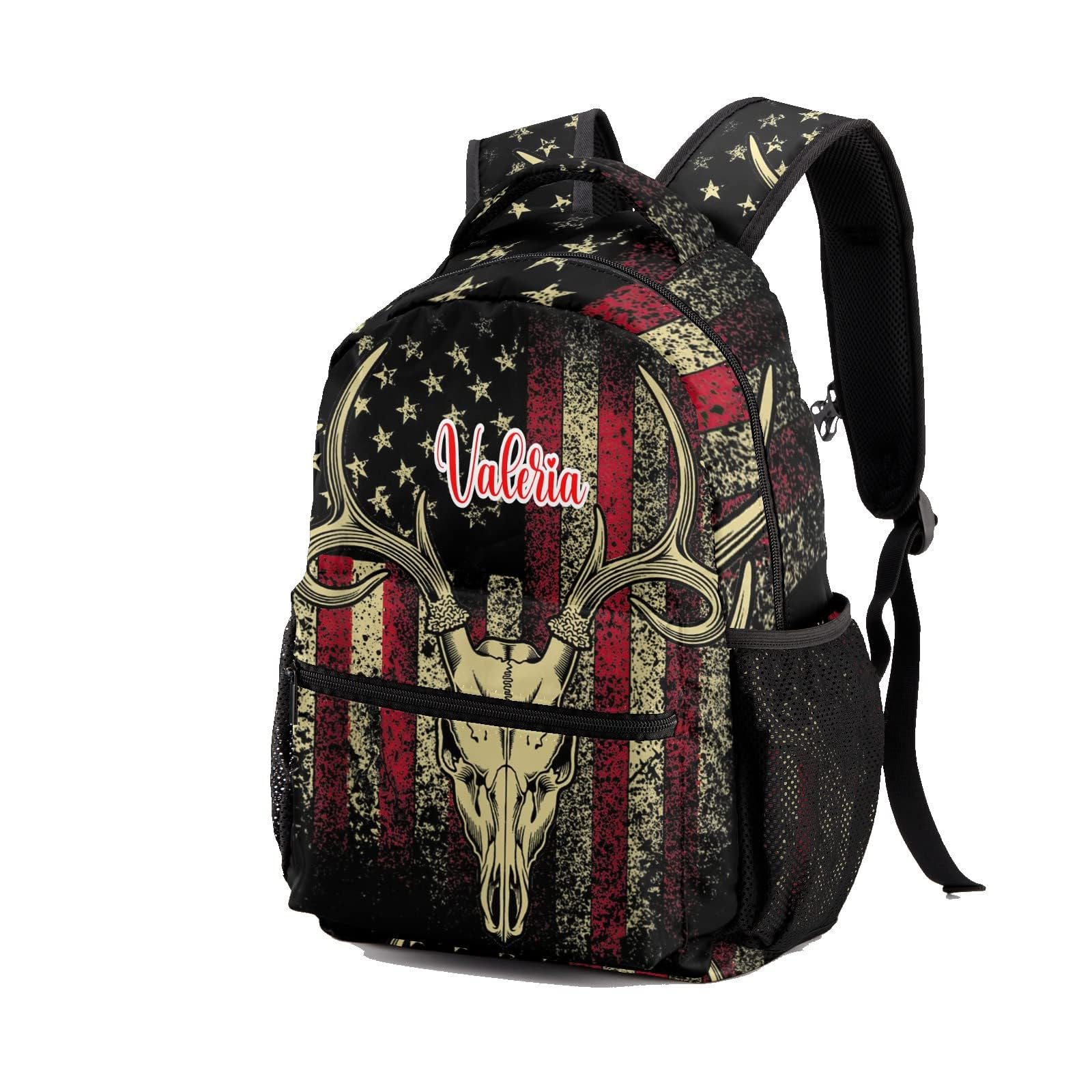 zaaprintblanket Custom with Name Text American Flag Camo Majestic Deer Antlers Nylon Backpacks Large Capacity Teens Shoulder Bags with Chest Strap