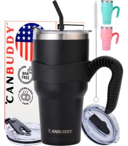 canbuddy 30 oz stainless steel insulated tumbler with 2 lids, straw, and handle | vacuum thermal hot & cold coffee travel mug | leakproof and stylish (majestic black)