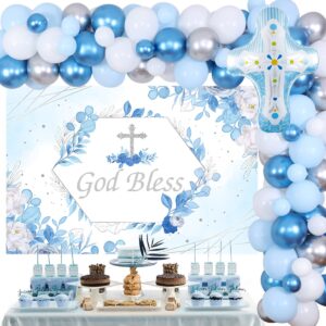 Cheereveal Baptism Party Decorations for Boys Blue, God Bless Party Decorations Blue and Silver Balloon Garland Kit with Backdrop Cross Foil Balloon for First Communion Confirmation Party Supplies