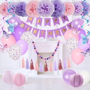 Amandir Purple Birthday Decorations for Women Girl Butterfly Birthday Party Decorations Supplies Pink and Purple Balloons Happy Birthday Circle Dots Banner Butterfly Hanging Swirl Paper Lanterns Pom