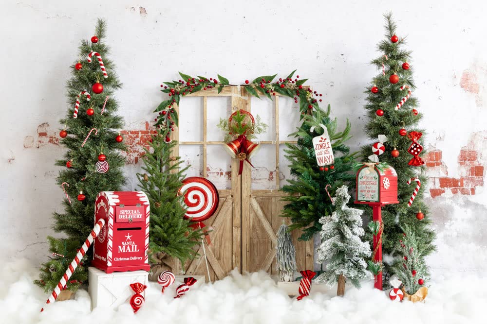 Kate 7×5ft Christmas Backdrop Photo Brick Wall Wooden Door Christmas Tree Gift Oil Barrel Decorative Xmas Background Photography Studio Picture Video