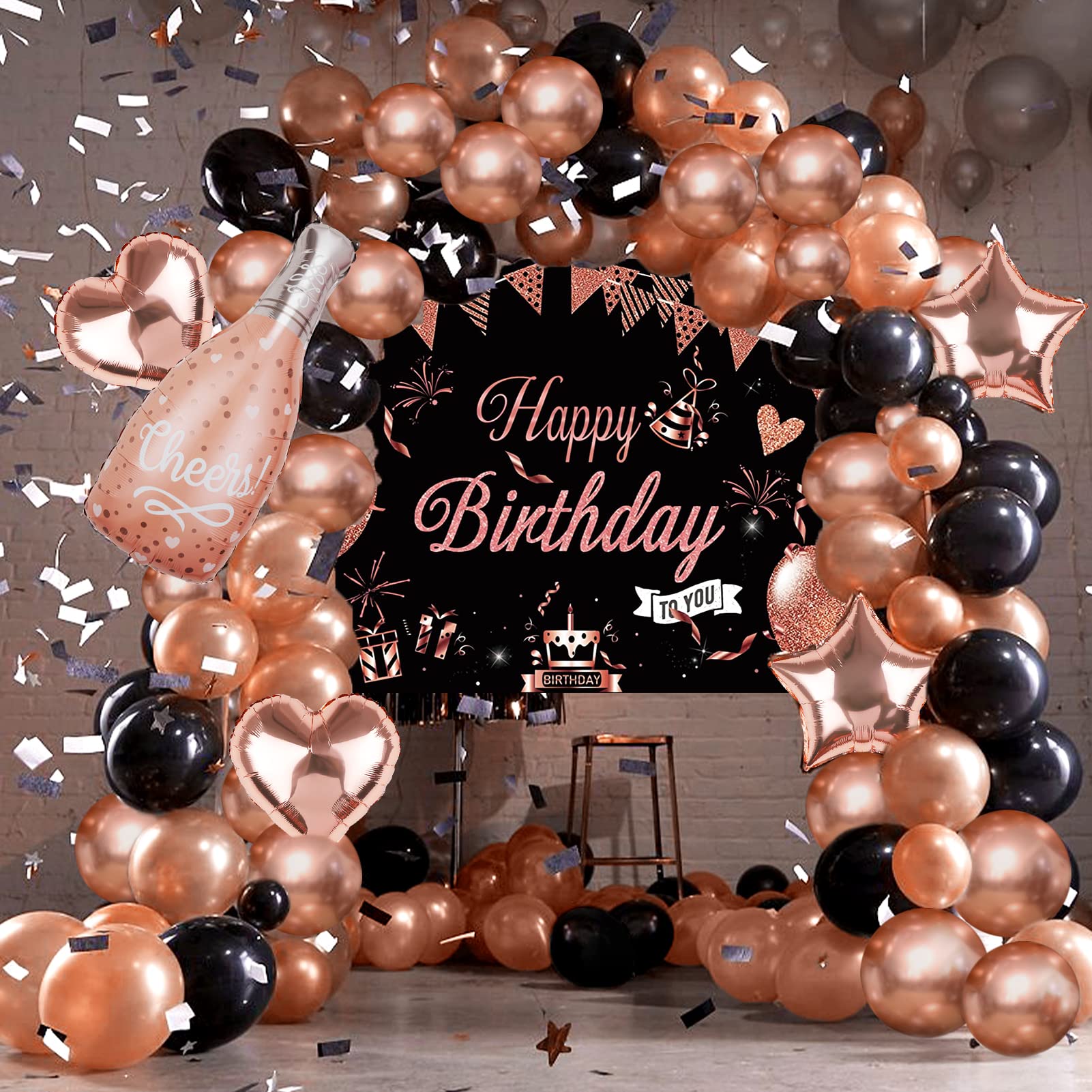 Winrayk Black Rose Gold Birthday Party Decorations for Women Girls, Rose Gold and Black Balloons Garland Arch Kit & Backdrop Tablecloth Champagne Star Love Foil Balloon, Rose Gold Birthday Decorations