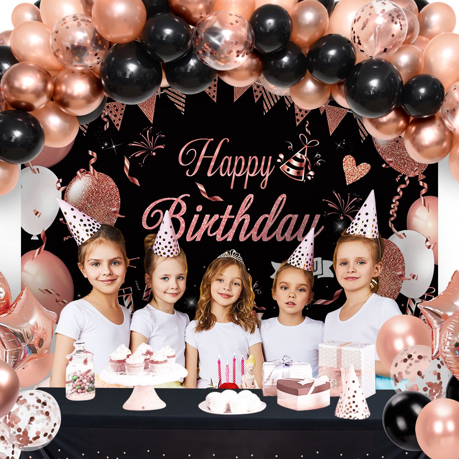 Winrayk Black Rose Gold Birthday Party Decorations for Women Girls, Rose Gold and Black Balloons Garland Arch Kit & Backdrop Tablecloth Champagne Star Love Foil Balloon, Rose Gold Birthday Decorations