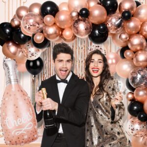 Winrayk Black Rose Gold Birthday Party Decorations for Women Girls, Rose Gold and Black Balloons Garland Arch Kit & Backdrop Tablecloth Champagne Star Love Foil Balloon, Rose Gold Birthday Decorations