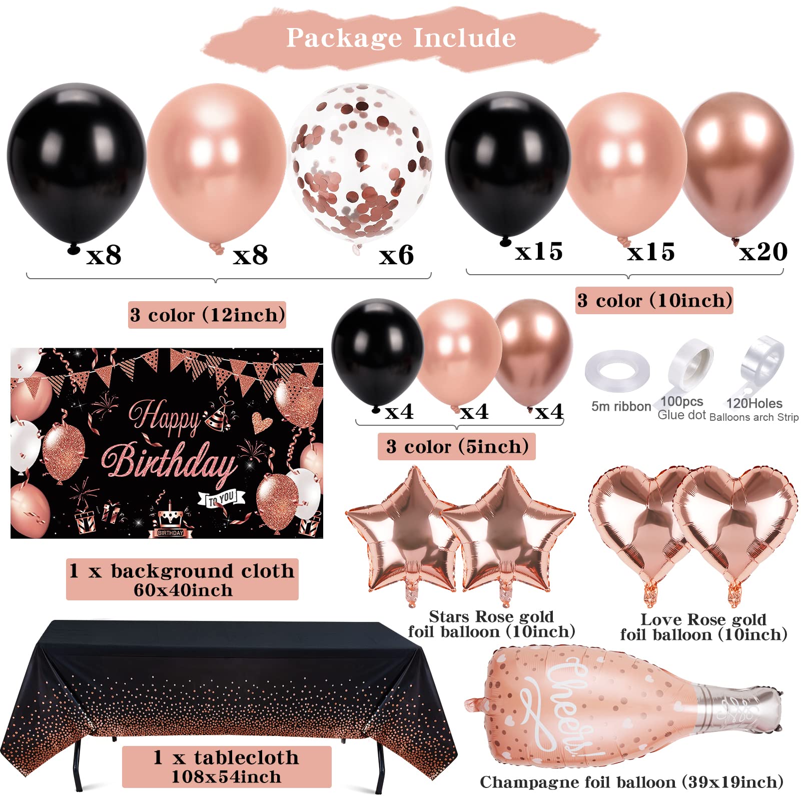 Winrayk Black Rose Gold Birthday Party Decorations for Women Girls, Rose Gold and Black Balloons Garland Arch Kit & Backdrop Tablecloth Champagne Star Love Foil Balloon, Rose Gold Birthday Decorations