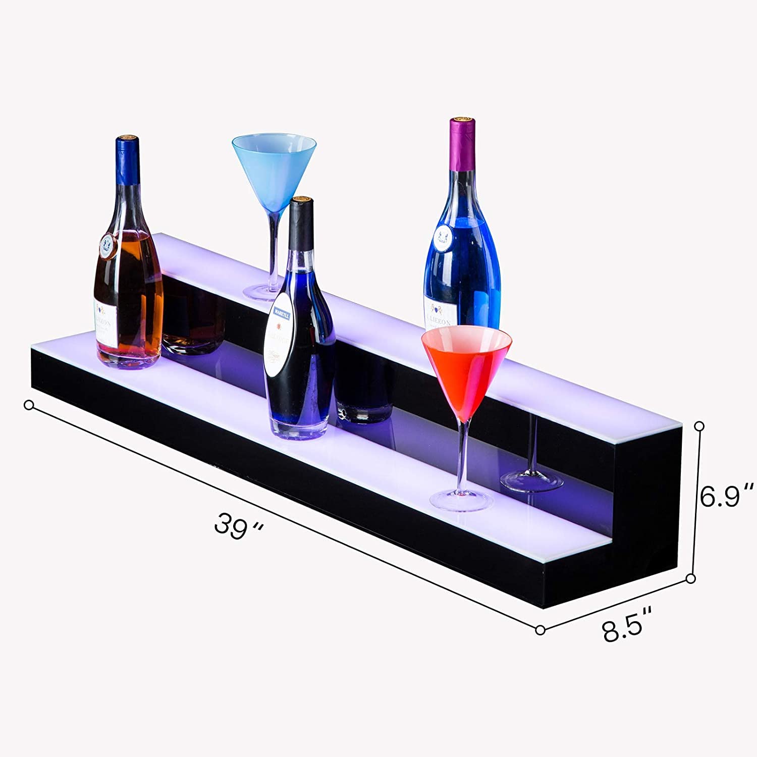 Alohappy LED Lighted Liquor Bottle Display Shelf, 40 in 2 Step LED Lighted Bar Shelf for Home Commercial Bar Drinks Acrylic Lighting Shelves High Gloss Black Finish with Remote Control
