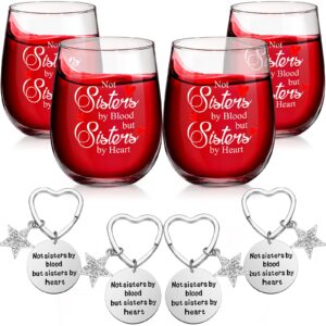 set of 8 sister friends gifts not sisters by blood but sisters by heart 15 oz funny stemless wine glasses friendship keychain birthday christmas gift for sisters in law friends women girls female
