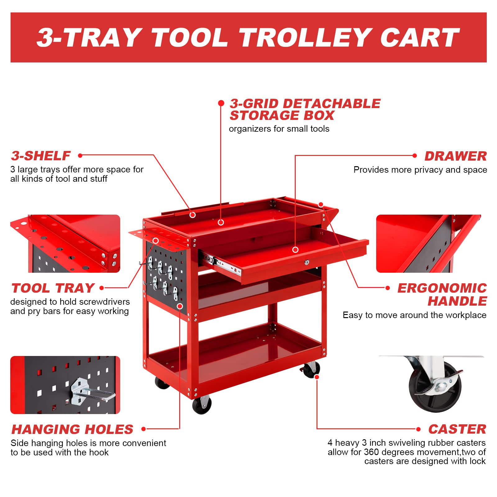SILVEL 3 Tier Rolling Tool Cart, 330 LBS Capacity Heavy Duty Utility Cart, Industrial Commercial Service Tool Cart, Tool Organizer with Wheels, Storage Drawer, Design for Garage, Warehouse&Repair Shop