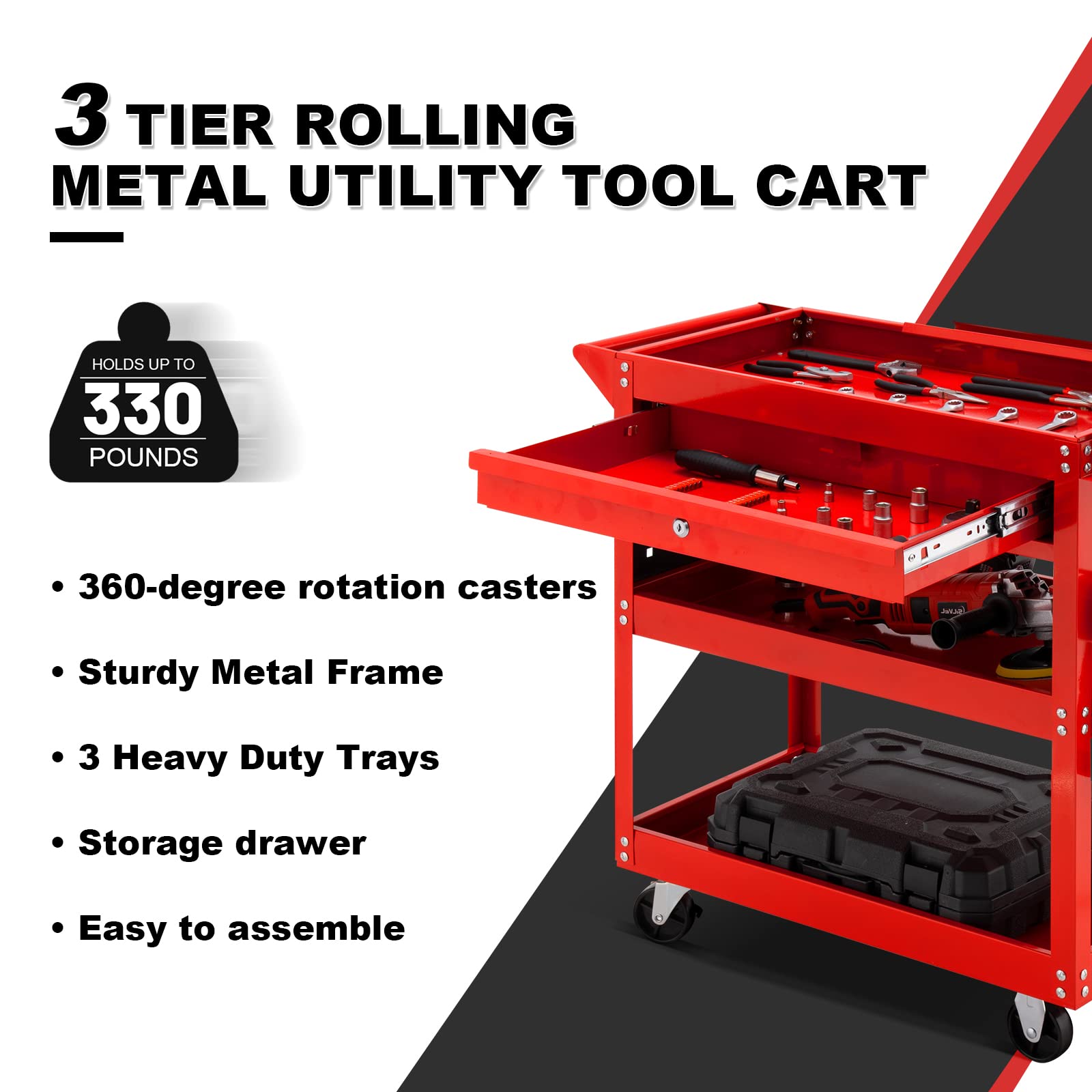 SILVEL 3 Tier Rolling Tool Cart, 330 LBS Capacity Heavy Duty Utility Cart, Industrial Commercial Service Tool Cart, Tool Organizer with Wheels, Storage Drawer, Design for Garage, Warehouse&Repair Shop