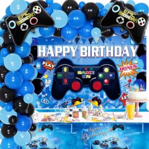 video game birthday decorations set, 58 pieces gamer party supplies with happy birthday banner, gaming table covers, multi-color balloons and foil gamer balloons, game on level up birthday party decorations supplies for boys