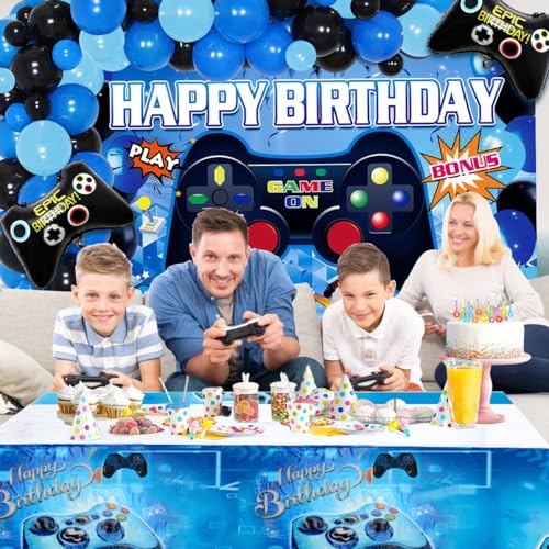 Video Game Birthday Decorations Set, 58 Pieces Gamer Party Supplies with Happy Birthday Banner, Gaming Table Covers, Multi-Color Balloons and Foil Gamer Balloons, Game on Level up Birthday Party Decorations Supplies for Boys