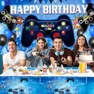 Video Game Birthday Decorations Set, 58 Pieces Gamer Party Supplies with Happy Birthday Banner, Gaming Table Covers, Multi-Color Balloons and Foil Gamer Balloons, Game on Level up Birthday Party Decorations Supplies for Boys