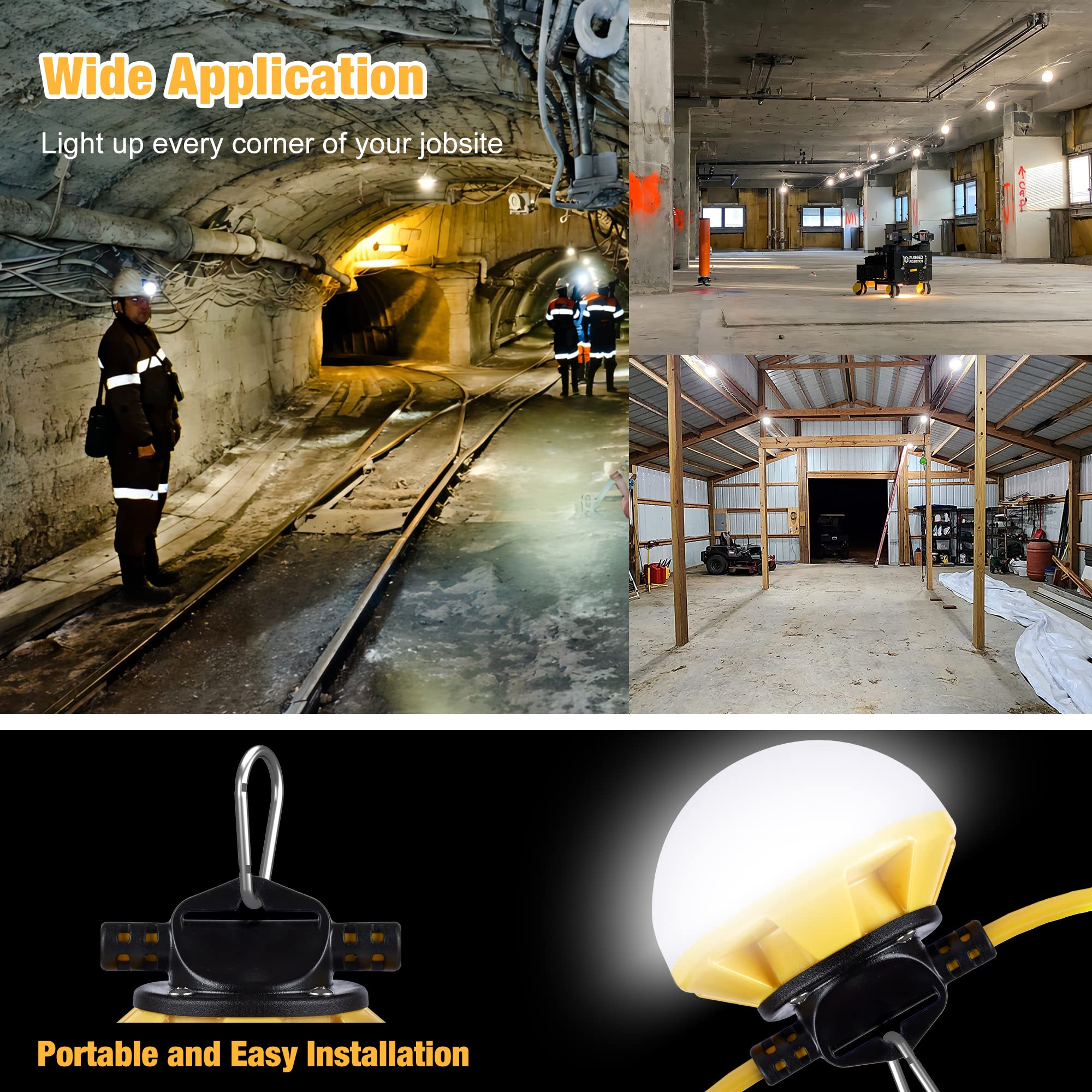 G GJIA 100FT Construction String Lights 100W 12000LM, Industrial Grade LED String Work Lights for Construction Sites, Temporary Work, Jobsites, Outdoor Lighting, with 10 Bulbs & Hooks