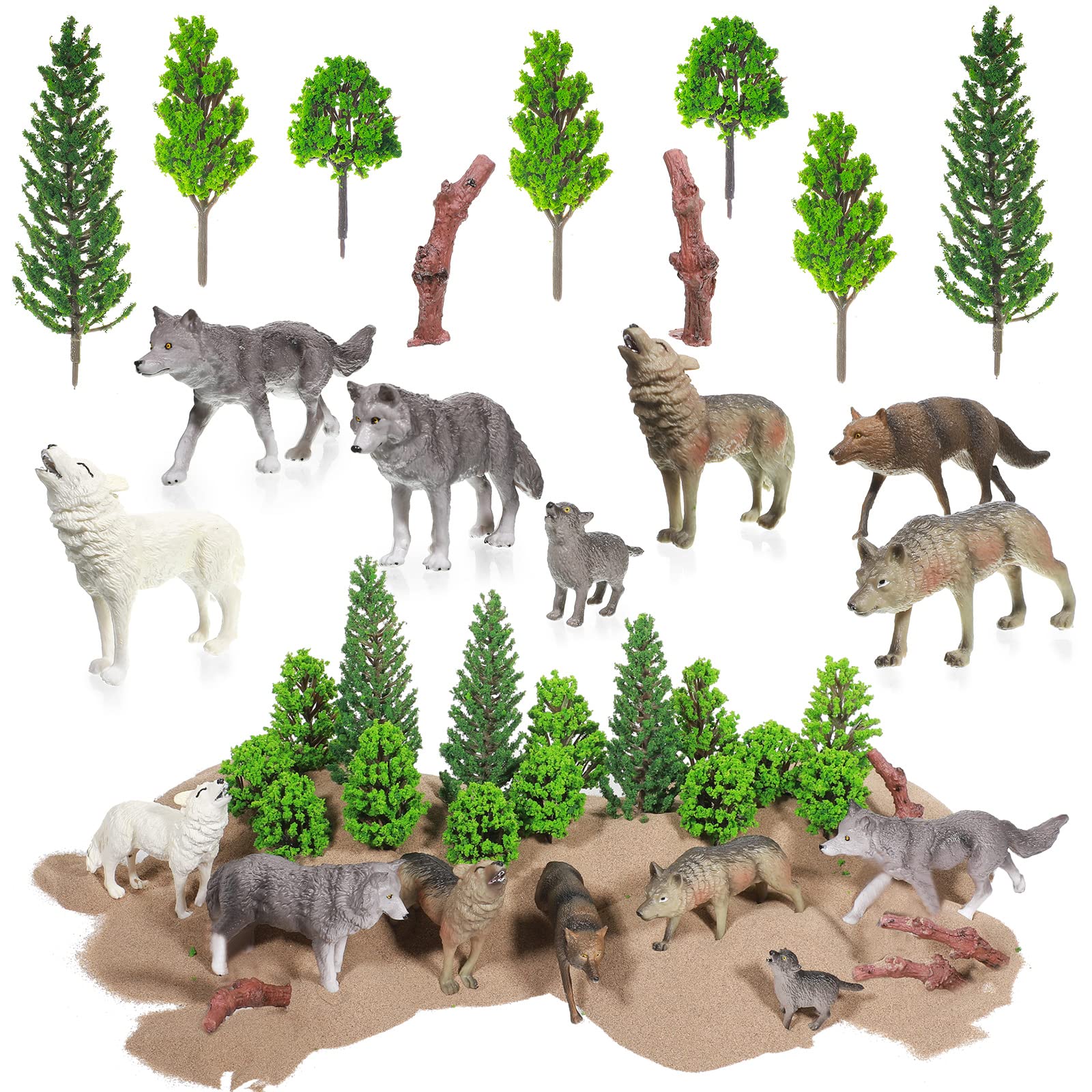 Sratte 26 Pcs Woodland Wolf Figurines Toys Model Trees Kit with Wolf Figurine Wolf Toy Playset Diorama Project Kit Cake Toppers for Kids Toddlers Birthday Gift Decor(Wolf Style)