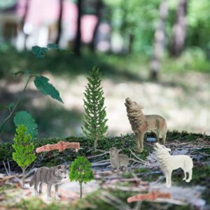 Sratte 26 Pcs Woodland Wolf Figurines Toys Model Trees Kit with Wolf Figurine Wolf Toy Playset Diorama Project Kit Cake Toppers for Kids Toddlers Birthday Gift Decor(Wolf Style)