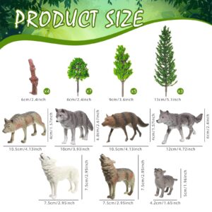 Sratte 26 Pcs Woodland Wolf Figurines Toys Model Trees Kit with Wolf Figurine Wolf Toy Playset Diorama Project Kit Cake Toppers for Kids Toddlers Birthday Gift Decor(Wolf Style)