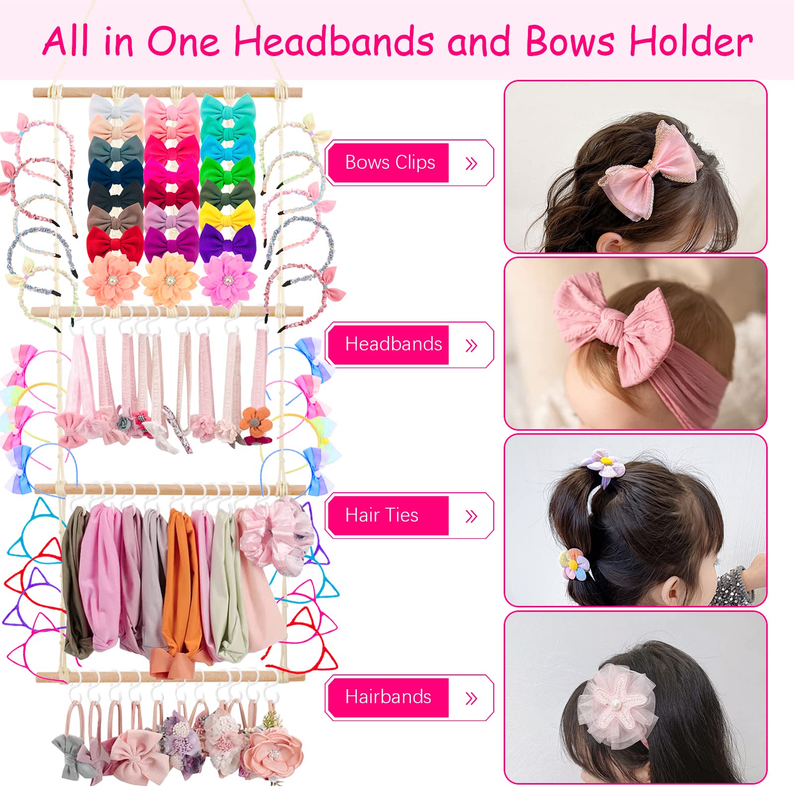 yunhuatdm Headband Bow Holder Hanging Hair Bows Headbands Organizer with 30PCS Plastic Hooks, Newborn Toddler Hair Accessories Organizer Storage for Wall, Room, Door, Closet