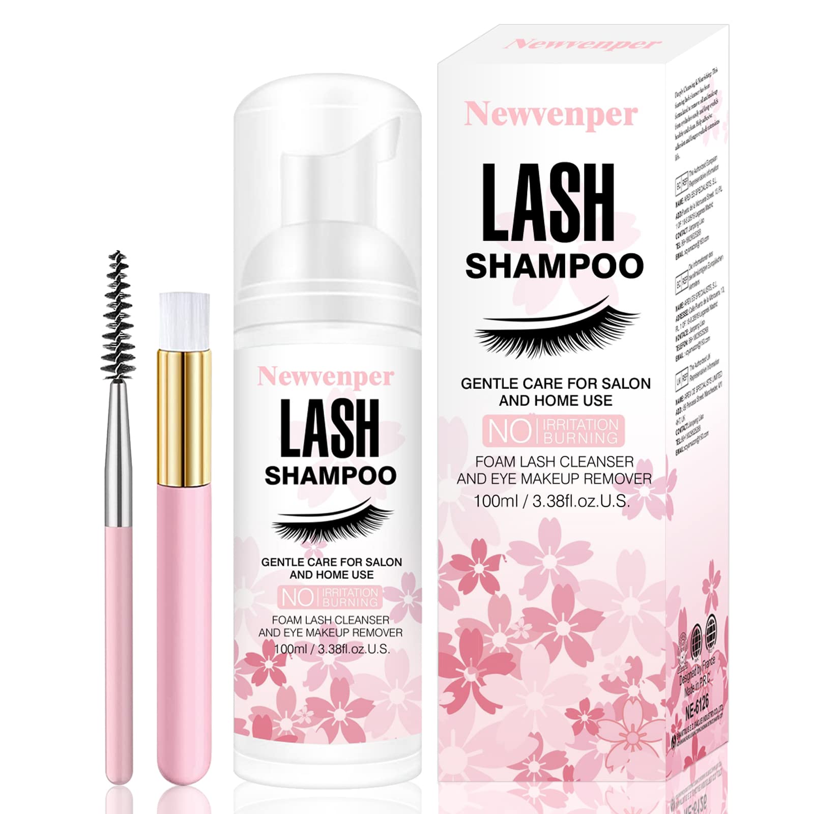 Newvenper Lash Shampoo for Eyelash 100ML + Brush & Mascara Wand Eyelid Foaming Cleansing, Eyelash Extension Cleanser Remover,Makeup Remover,Salon and Home Use