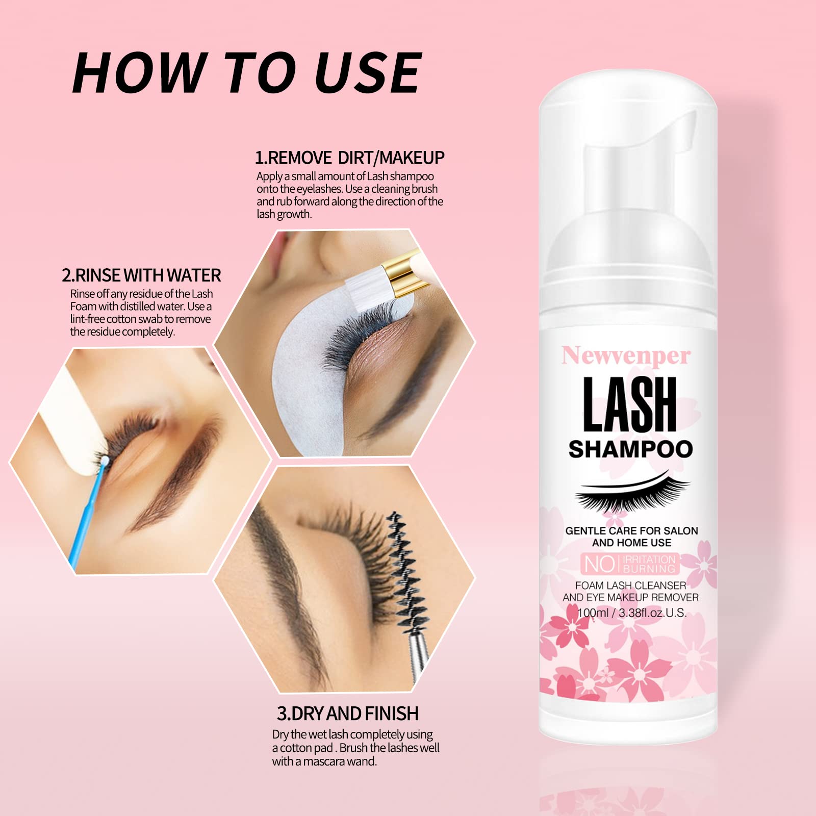 Newvenper Lash Shampoo for Eyelash 100ML + Brush & Mascara Wand Eyelid Foaming Cleansing, Eyelash Extension Cleanser Remover,Makeup Remover,Salon and Home Use