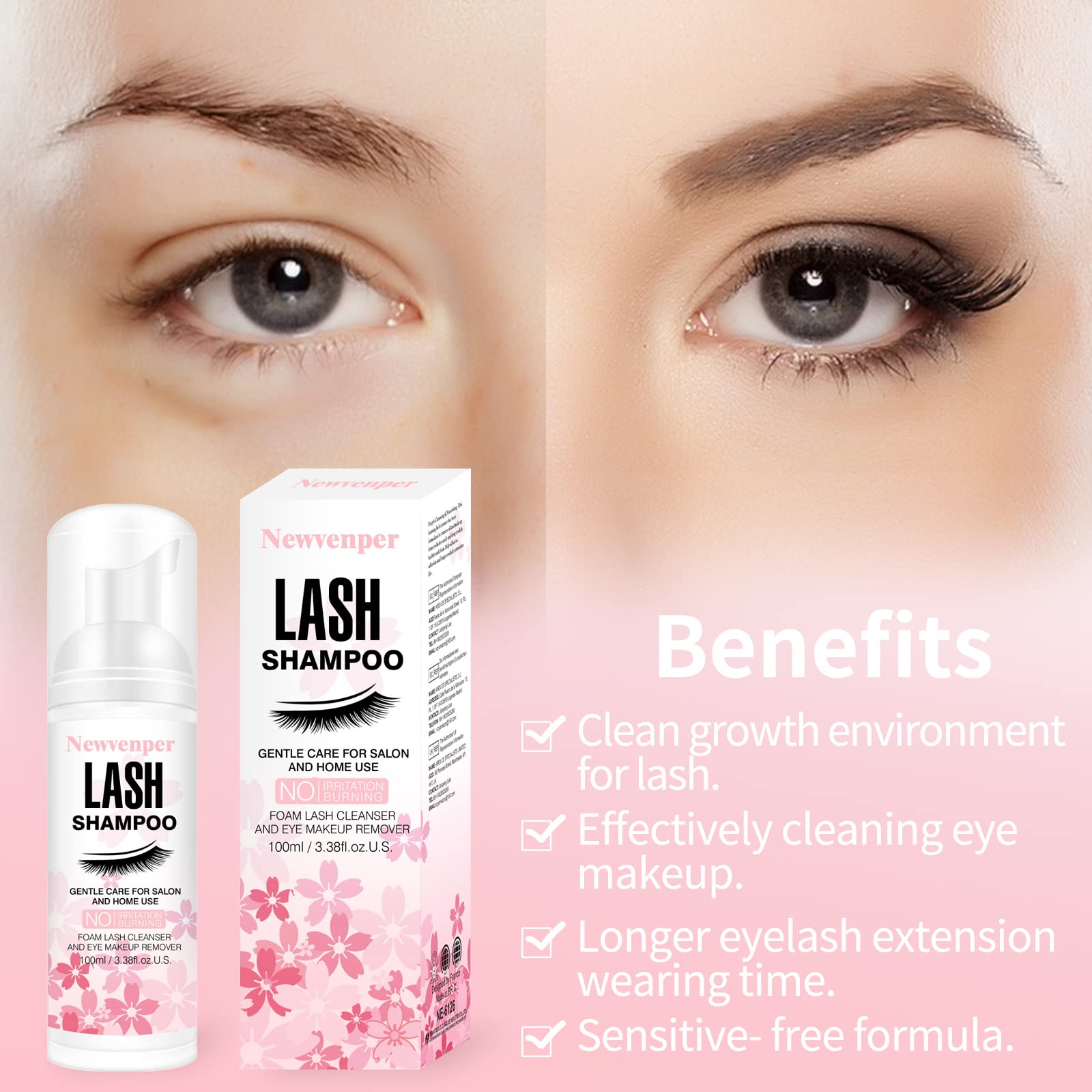 Newvenper Lash Shampoo for Eyelash 100ML + Brush & Mascara Wand Eyelid Foaming Cleansing, Eyelash Extension Cleanser Remover,Makeup Remover,Salon and Home Use