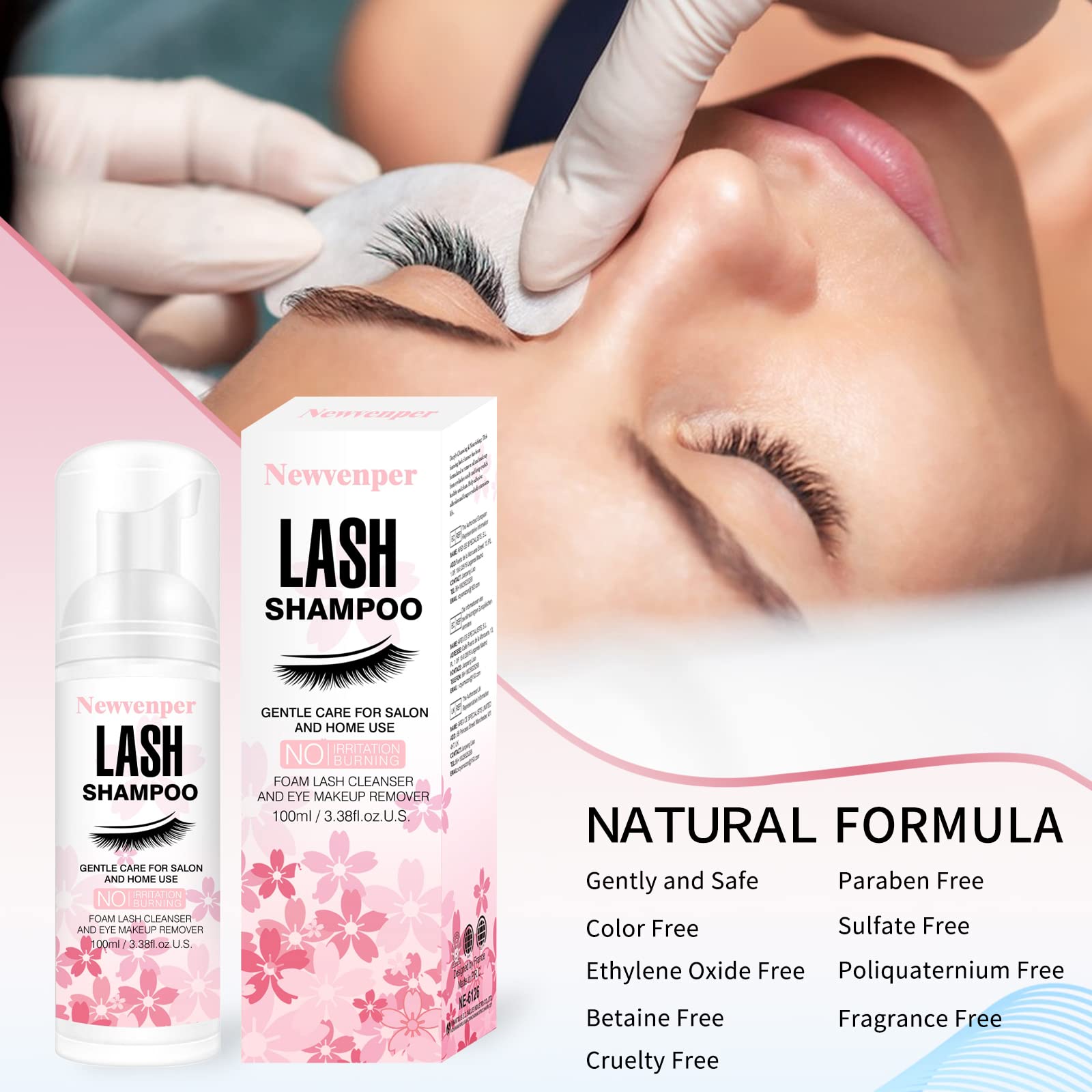 Newvenper Lash Shampoo for Eyelash 100ML + Brush & Mascara Wand Eyelid Foaming Cleansing, Eyelash Extension Cleanser Remover,Makeup Remover,Salon and Home Use