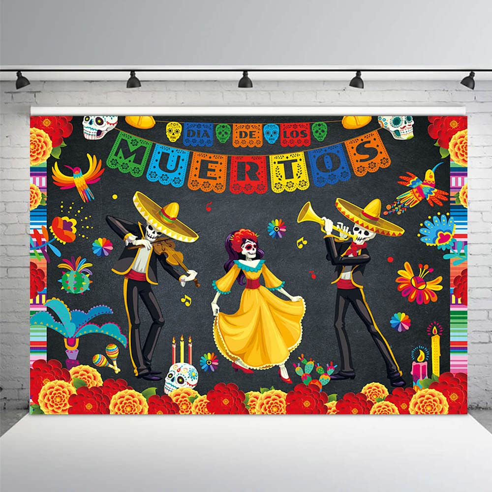 MEHOFOND 7x5ft Day of The Dead Backdrop Mexican Fiesta Sugar Skull Flowers Photography Background Vinyl Dia De Los Muertos Marigold Dress-Up Party Supplies Banner Table Decoration Photobooth Props