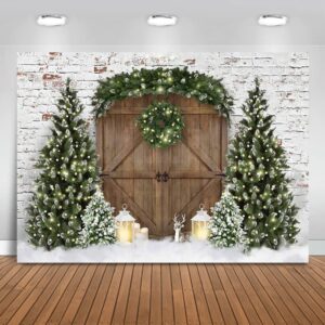 mocsicka christmas wood house photography backdrop xmas tree snow wreath photo background rustic barn door family kids holiday portrait photo booth props (10x8ft)