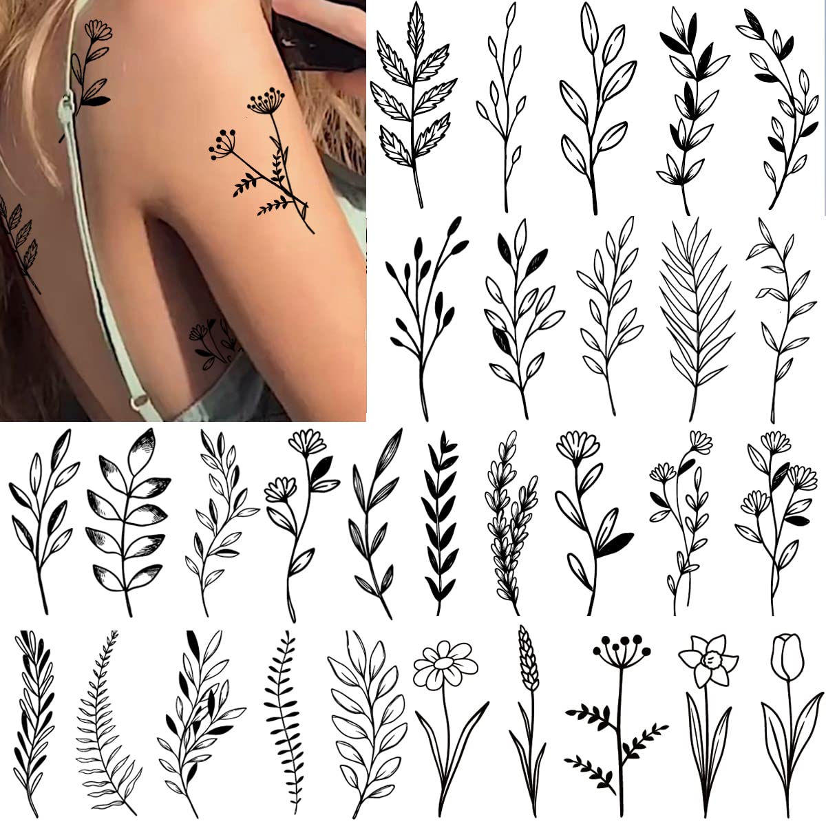 Tazimi 12 Sheets Black Flower Temporary Tattoos for Women Girls,Black Small Wild Floral Bouquet Tiny Branch Floral Wild Plants Sketch Tattoo Stickers for Women Body Art Arm