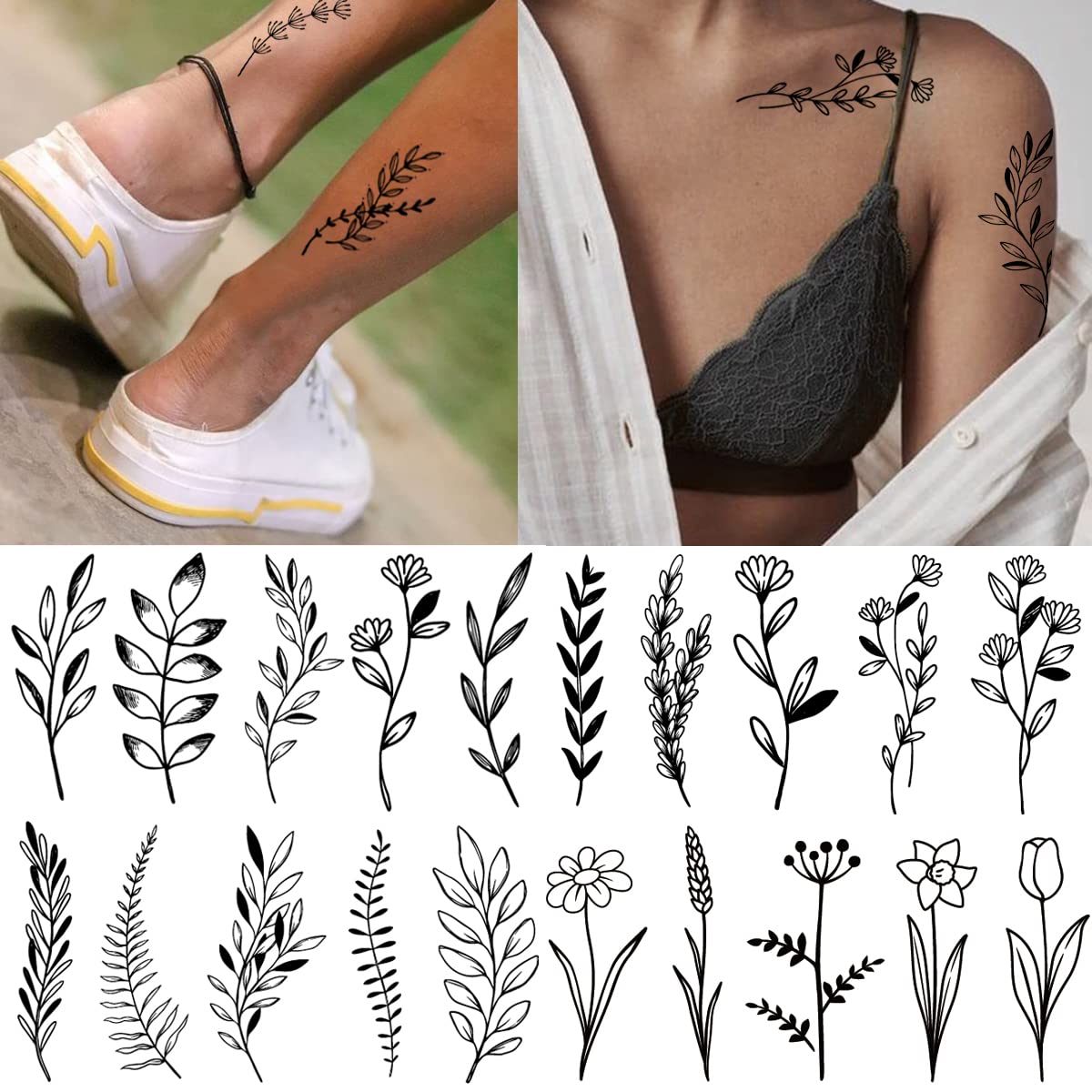 Tazimi 12 Sheets Black Flower Temporary Tattoos for Women Girls,Black Small Wild Floral Bouquet Tiny Branch Floral Wild Plants Sketch Tattoo Stickers for Women Body Art Arm