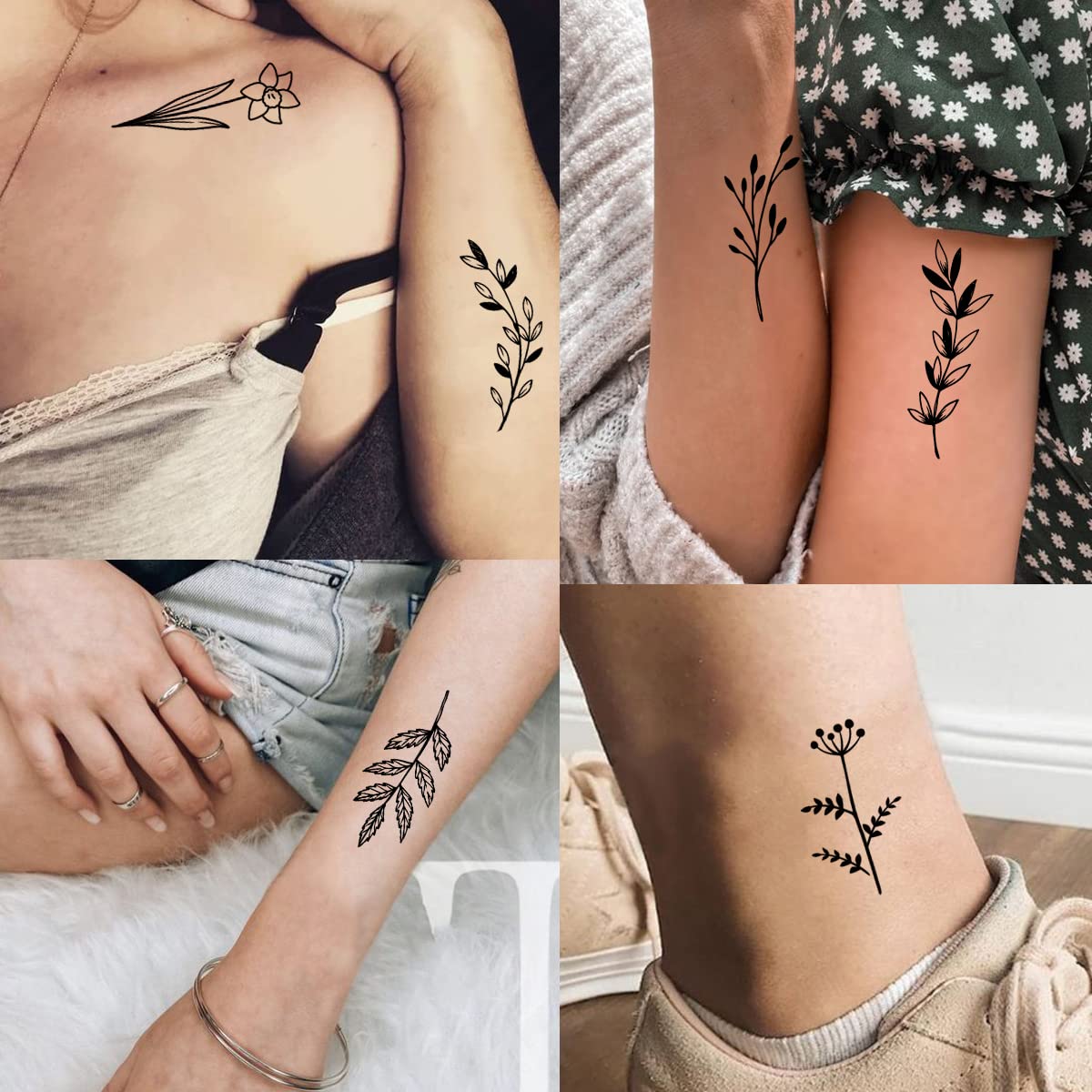 Tazimi 12 Sheets Black Flower Temporary Tattoos for Women Girls,Black Small Wild Floral Bouquet Tiny Branch Floral Wild Plants Sketch Tattoo Stickers for Women Body Art Arm