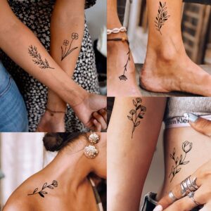 Tazimi 12 Sheets Black Flower Temporary Tattoos for Women Girls,Black Small Wild Floral Bouquet Tiny Branch Floral Wild Plants Sketch Tattoo Stickers for Women Body Art Arm