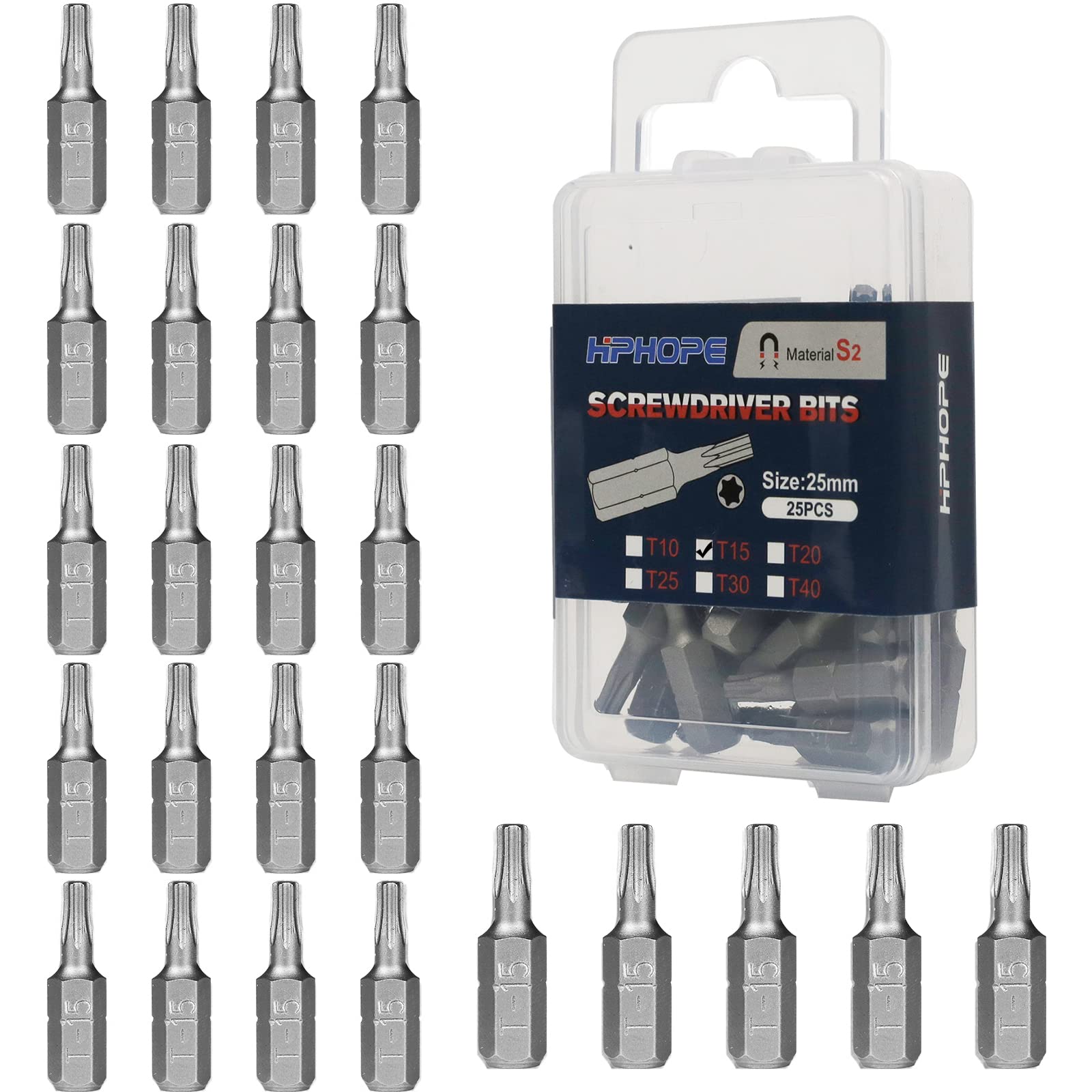 HPHOPE T15 Screwdriver Bit Set, Torx Bits T15, 1/4" Hexagon Bit (Length: 1", 25 Pack)