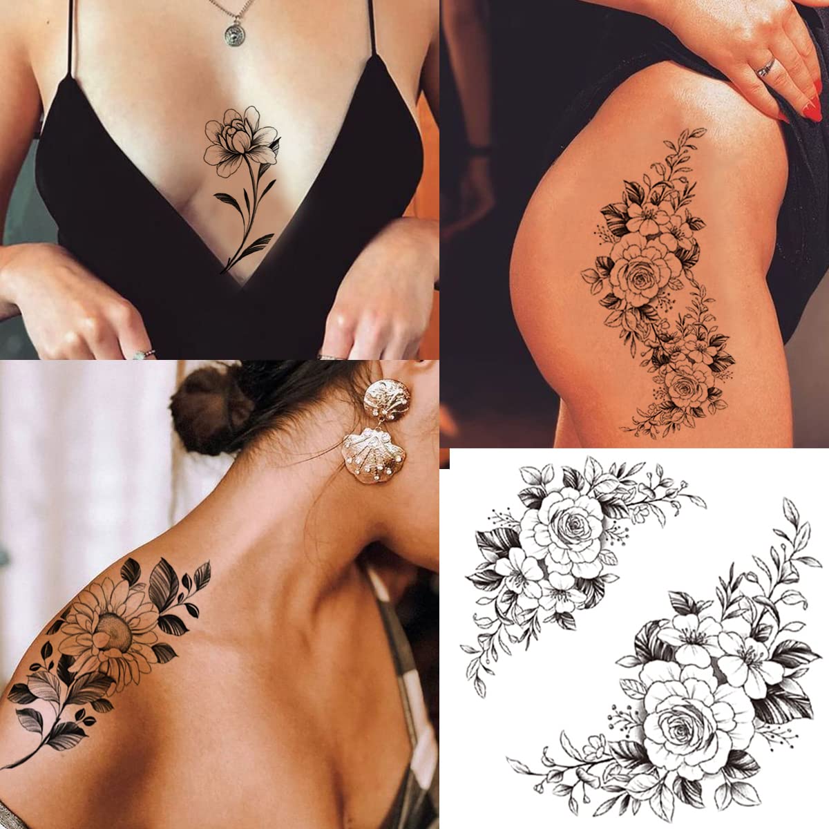 Tazimi 10 Sheets 3D Black Flower Rose Temporary Tattoos For Women, Waterproof Fake Body Art Arm Sketch Tattoo Stickers For Women Girls