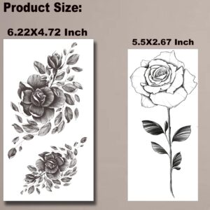 Tazimi 10 Sheets 3D Black Flower Rose Temporary Tattoos For Women, Waterproof Fake Body Art Arm Sketch Tattoo Stickers For Women Girls